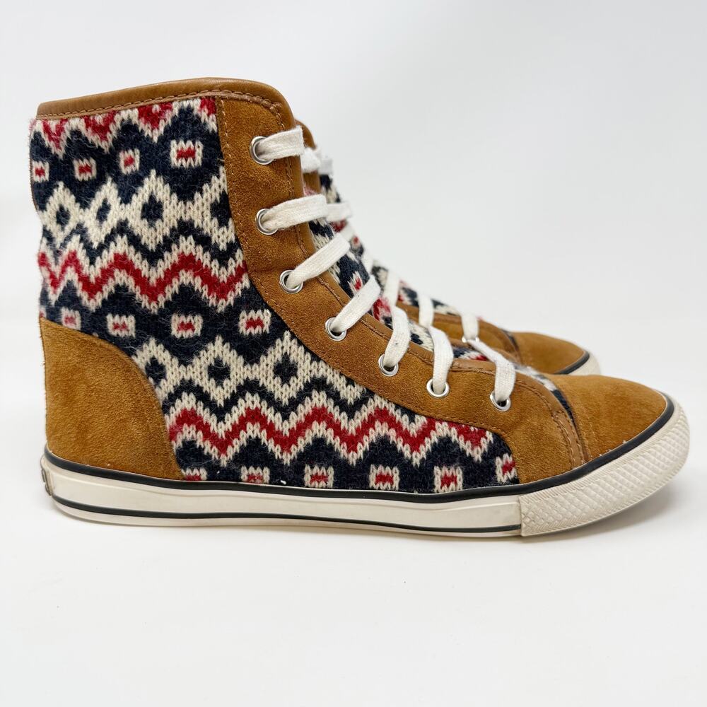 Tory Burch Noah Fair Isle Knit High Top Sneakers Brown Suede Overlay Men 10 W 13